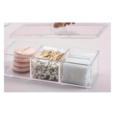 Imagem de Organizador de Cosméticos em Acrílico Transparente com Tampa, 3 Compartimentos, 23x8x7cm, para Algodão, Cotonetes e Maquiagem