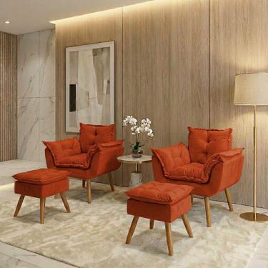 Imagem de Kit 2 Poltronas Decorativa e 2 Puffs Para Sala Recepção Manicure Consultório Quarto Alice Tecido Suede