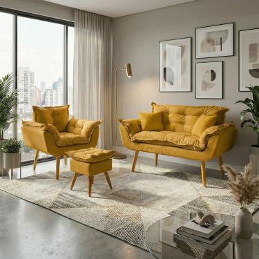 Imagem de Kit Namoradeira Poltrona e Puff Decorativo Para Sala Recepção Manicure Consultório Alice Tecido Suede