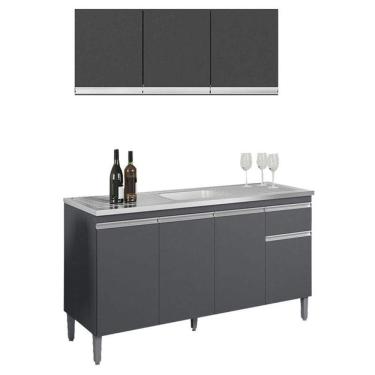 Imagem de Balcão De Pia Tatiane 145 Cm E Armário Aéreo Andréia 3 Portas 120 Cm Cinza Fosco - Ajl