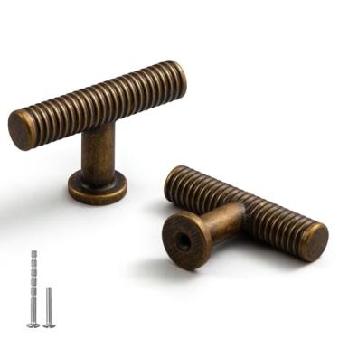 Imagem de YAGU Pacote com 6 maçanetas de armário de cozinha de latão antigo, puxador de gaveta de cômoda de 5 cm, bronze envelhecido, ferragens de móveis vintage, puxadores de latão para armário e guarda-roupa