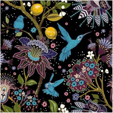 Imagem de Luvdecor Papel de parede floral preto removível Boho Birds papel de parede para quarto inquilino papel de contato autoadesivo para armário de prateleira 44,5 x 299,7 cm