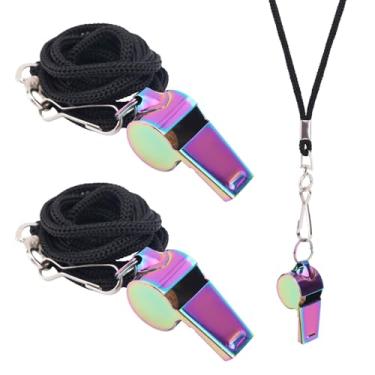 Imagem de Apito de metal de aço inoxidável, apito esportivo de treinadores, apito de metal com cordão, apito de treinador colorido, para árbitros oficiais