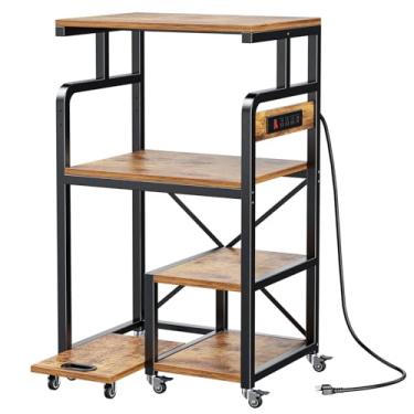 Imagem de POKIPO Suporte de impressora com tomada elétrica, altura ajustável, comporta duas impressoras grande/médio e um triturador de tamanho médio, mesa de impressora rolante grande de 4 camadas resistente