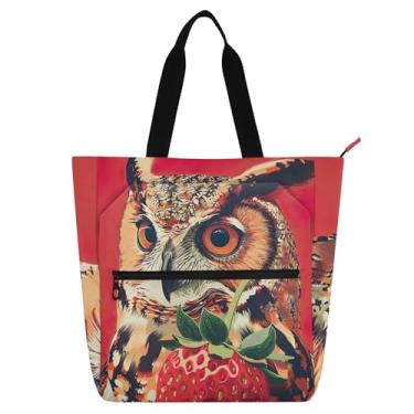 Imagem de GAIGEO Bolsas de trabalho femininas com coruja de morango em lona, bolsa escolar universitária, bolsa de professores com compartimentos