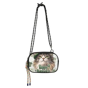 Imagem de TSENQUE Bolsa feminina St Patrick Cute Cat Bolsa tiracolo pequena bolsa de telefone com alça sobre o ombro bolsas de verão