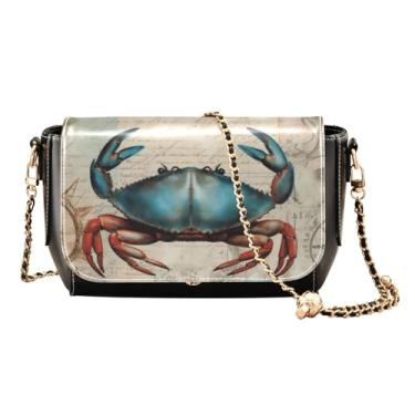 Imagem de GAIGEO Bolsa tiracolo de flor vintage com alça longa, bolsa de ombro de couro, bolsas transversais médias para mulheres, Caranguejo náutico azul vintage, One Size