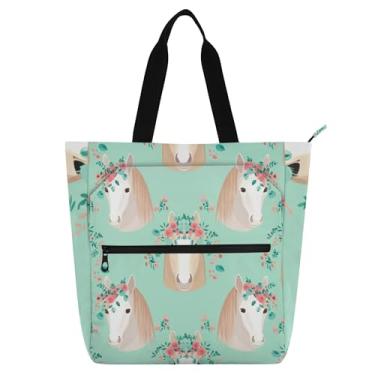 Imagem de GAIGEO Sacola verde com coroa floral de cavalo bege para mulheres e crianças, reutilizável, livro escolar com compartimento com zíper