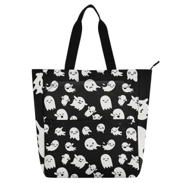 Imagem de Bolsa de trabalho feminina preta e branca fantasmas de Halloween em lona escolar bolsa de mão média com compartimentos