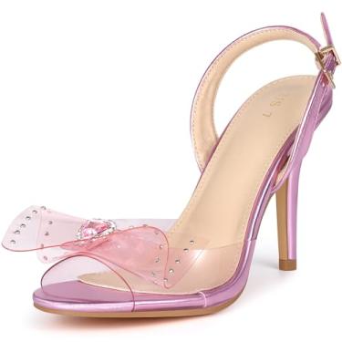 Imagem de Allegra K Sandálias femininas de salto agulha com laço de strass adornado com cristal Peep Toe, Roxo transparente, 38