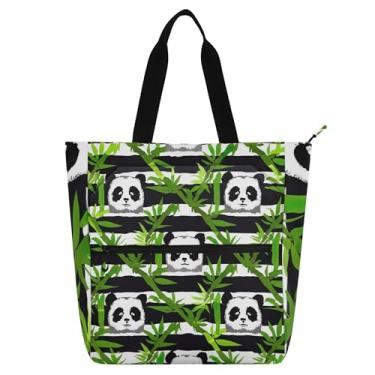 Imagem de Bolsa feminina listrada de bambu com urso panda verde bolsa escolar de lona com zíper, bolsas de tecido para amantes de livros, presentes