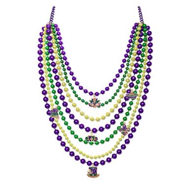 Imagem de NLCAC Colar Mardi Gras para mulheres, máscara com glitter, coroa e pingente de flor de lis, contas longas em camadas, colar de carnaval, joias de fantasia, contas, Miçangas