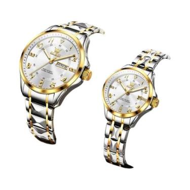 Imagem de Relógios De Casal Em Aço Inoxidável Quartz À Prova d'Água Com Data E D