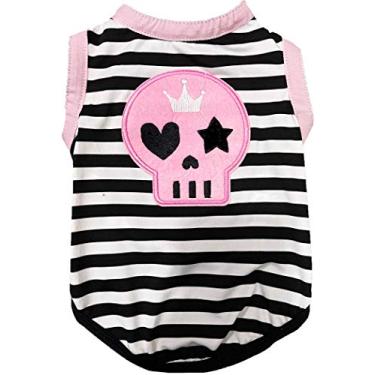 Imagem de Petitebella Camiseta para cachorro com rosto de caveira rosa (listras brancas pretas, 3GG)