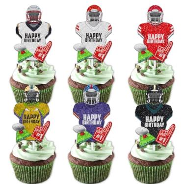 Imagem de Capacete de futebol de rúgbi com glitter, topo de bolo, bola de torcida para touchdown, tema de jogador esportivo, decoração de aniversário para homens e mulheres, artigos de decoração de feliz