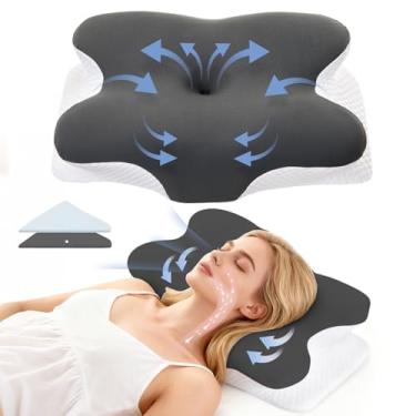 Imagem de Almofada cervical para alívio da dor no pescoço – Almofada ergonômica de espuma viscoelástica com 2 fronhas, suporte ortopédico de pescoço para pessoas que dormem de barriga nas costas laterais