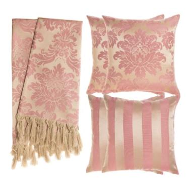 Imagem de Kit Manta para Sofá Jacquard 1.8x1.4m + 4 Capas de Almofada 45x45cm - Conjunto Protetor e Decorativo com Franjas Artesanais(Rosa Envelhecido E Dourado 52)