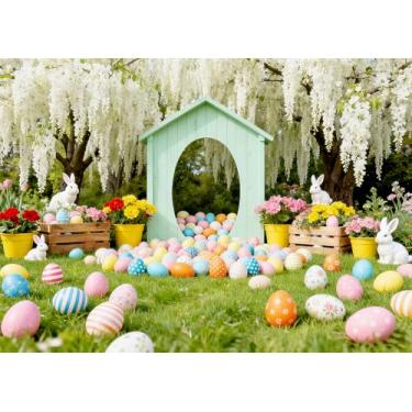 Imagem de DePhoto Pano de fundo de 1,8 x 1,8 m para primavera, Páscoa, coelhinho, ovos coloridos, tulipa verde menta, arco de fundo para decoração de festa de aniversário de Páscoa, ao ar livre, adereços de