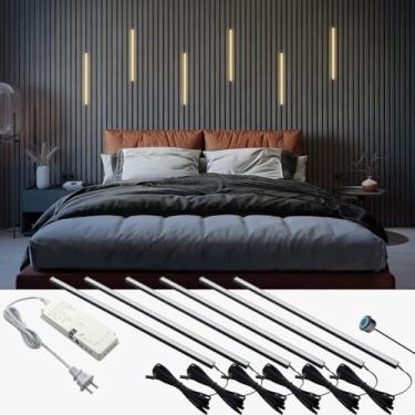 Imagem de HAMRVL Kit de iluminação embutida de LED preto - 6 peças de 40,6 cm DC12V luz LED quente com interruptor inteligente, painel de parede autoadesivo de 3000K para painéis de parede de ripas de madeira