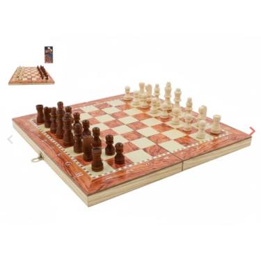 Imagem de Jogo Xadrez Dama Gamão 3 em 1 Dobrável em Madeira 30x30 cm – Portátil, Leve e Ideal para Viagens e Passeios