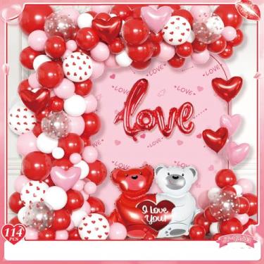 Imagem de 114 peças de decorações vermelhas de dia dos namorados com balões vermelhos de coração e balão do amor, pétalas de rosa falsas para decoração de casamento, decorações de aniversário românticas com