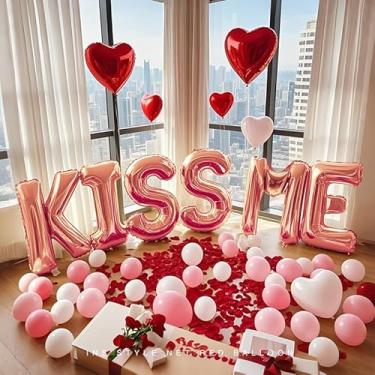 Imagem de Conjunto de balões de Dia dos Namorados "KISS ME" grandes balões de folha metálica 3D coração e balões redondos, pétalas de rosa, caixa de presente para decoração de festa romântica, aniversário