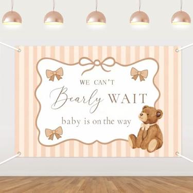 Imagem de Urso marrom com laços We Can't Bearly Wait pano de fundo para chá de bebê, fotografia de bebê está a caminho, linda festa de chá de bebê de desenho animado, fotografia de urso recém-nascido, adereços