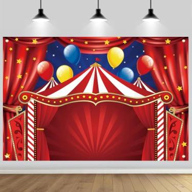 Imagem de Pano de fundo com tema de carnaval de circo com 1,8 m de altura, cortina vermelha, com balões listrados, céu estrelado, interior, exterior, carnaval, festa de aniversário, banner, decoração de