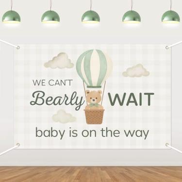 Imagem de Fundo de chá de bebê de urso verde, faixa We Can Bearly Wait para meninas e meninos, lindos balões de desenho animado para festa de chá de bebê, fundos de fotografia de urso, adereços de decoração de