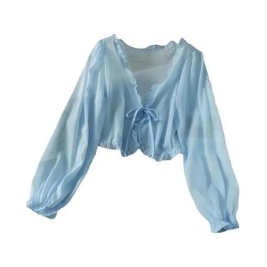 Imagem de Camisa Cardigan Casual Feminina De Verão Com Laço De Renda Fina Para P