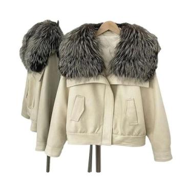 Imagem de Jaqueta Curta Feminina De Pluma De Pato Branca Com Gola De Pele De Rap