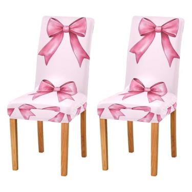 Imagem de SEHANY Conjunto de 2 capas de cadeira com laço de bolinhas rosa para sala de jantar, elástico, removível e lavável, para cozinha, hotel, festa, Natal