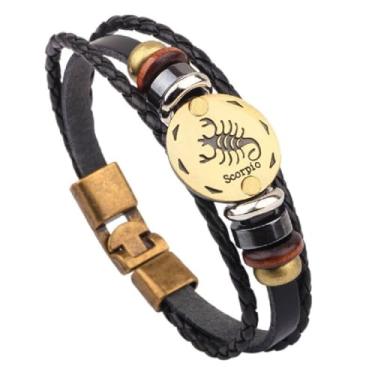Imagem de Pulseira masculina e feminina de couro do zodíaco vintage punk com fecho multitrançado, presente fácil de colocar para ele e ela, One Size, Cristal, Ametista criada