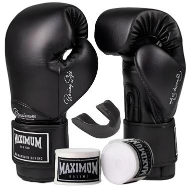 Imagem de Kit Luva De Boxe Muay Thai Classic Preto + Bandagem 3m + Protetor Bucal - Maximum Boxing-Unissex