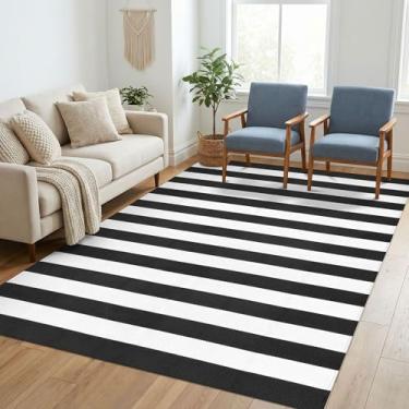 Imagem de KILOCOCO Tapete listrado preto e branco 12 x 18 cm para sala de estar, algodão, lavável à máquina, tapetes em camadas para pátio, casa de fazenda, quarto, cozinha, lavanderia