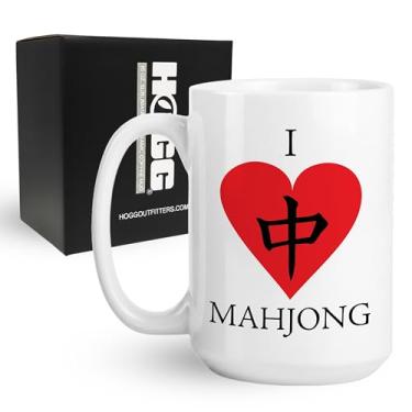Imagem de Hogg Caneca I Heart Mahjong, caneca de café de cerâmica Mahjong de 425 g, presentes de Mah Jong, acessórios de Mah Jong, presentes para amantes de jogos de tabuleiro, copos engraçados para amigos