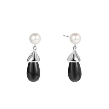 Imagem de Mermerland Brincos femininos de obsidiana preta e pérola S925, brincos pendentes elegantes
