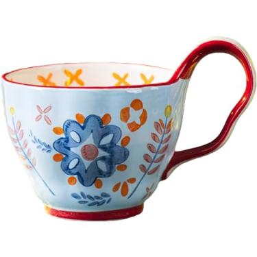 Imagem de Moqidadii Tigela de sopa de cerâmica de 740 ml com alça – Tigela de cerâmica floral feita à mão para cereais e ramen – Tigela decorativa grande para micro-ondas e lava-louças para uso diário ou