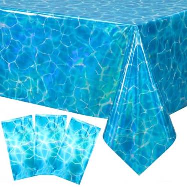 Imagem de Gilprop 3 toalhas de mesa iridescentes com ondas do oceano, 137 x 272 cm, toalha de mesa azul de plástico azul sob o mar, descartável, refletiva, para aniversário, praia, piscina, decoração de festa