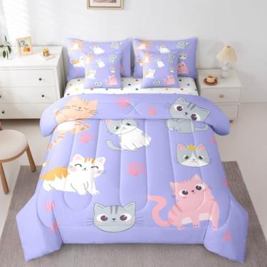 Imagem de Erosebridal Jogo de cama com estampa de animais de estimação e animais de estimação com 7 peças, kawaii, gatos, roxo, para meninas, adolescentes, meninas, meninas, meninas, meninas, lençol com estampa