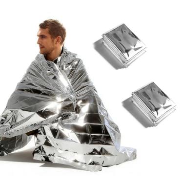 Imagem de 2 cobertores térmicos de emergência, cobertores reutilizáveis de Mylar, cobertor de sobrevivência de folha impermeável para acampamento, kits de sobrevivência, ao ar livre, prata (160 cm)