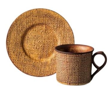 Imagem de Caneca de café e pires de cerâmica texturizada de linho vintage moderna para chá da tarde latte cappuccino cacau leite Drinkware (amarelo)