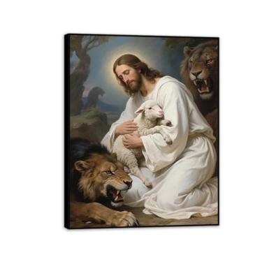Imagem de Arte de parede em tela rosto cristão de Jesus impressões de leão e cordeiro decoração de parede pintura religiosa imagens de igreja para sala de estar 40 x 30 cm (16 x 12 polegadas) moldura preta