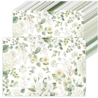 Imagem de HSDSH Pacote com 50 jogos americanos de papel com folhas de eucalipto verdes, descartáveis, 40,6 x 28,7 cm, verde, floral, tapetes de mesa de papel decorativos de primavera, para casamento, chá de