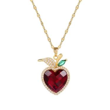 Imagem de Dtja Colar feminino com pingente de folha de maçã com coração vermelho cristal banhado a ouro, folhas de zircônia cúbica, gargantilha de frutas, ajustável, confortável, delicado, aniversário, férias