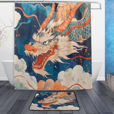 Imagem de xigua Fantastical Dragon Conjunto de tapetes de cortina de banho 2 peças, conjunto temático de banheiro (152 x 182 cm) com cortina de chuveiro e tapete antiderrapante -12 ganchos526