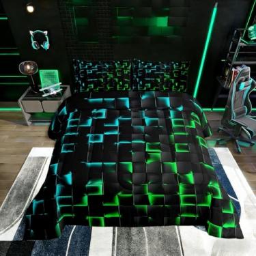 Imagem de Erosebridal Jogo de cama solteiro geométrico quadriculado verde neon azul-petróleo para decoração de quarto de jogadores, geométrico, quadriculado, geométrico, edredom preto