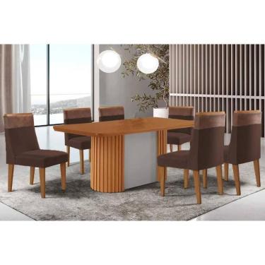 Imagem de Mesa Cozinha Pilar c/ Tampo Madeirado Canto Curvo 180x90cm e 6 Cadeiras Jaspe Madeira Maciça Naturale/Off White - Capuccino/Suede Marrom-Rufato