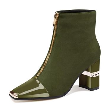 Imagem de XINIUNIU Bota feminina de cano baixo, salto grosso, bico quadrado, de metal, camurça, zíper frontal, 7,6 cm, vestido curto, Verde militar, 43