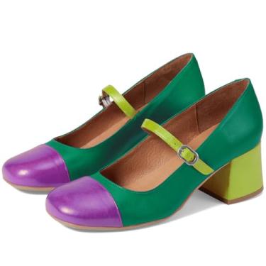 Imagem de SHODENSE Sapato feminino arco-íris salto baixo grosso Mary Jane sapato bico quadrado tira no tornozelo sapatos dois tons salto bloco médio Mary Janes Lolita sapatos multicoloridos patchwork casamento